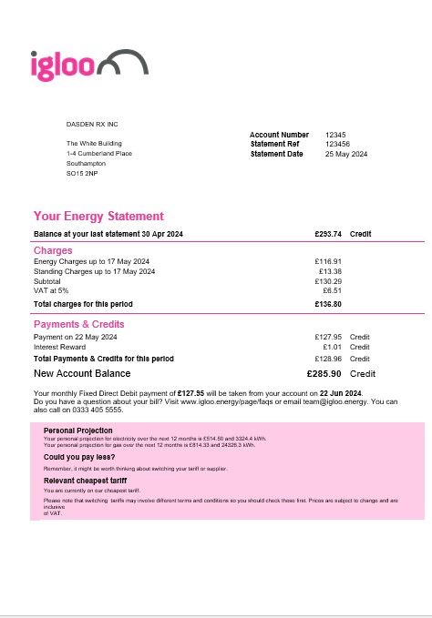 United Kingdom Igloo Energy business utility bill template in Word and PDF formats